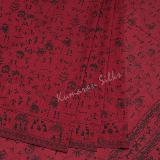 Poly Cotton Printed Dark Red Saree