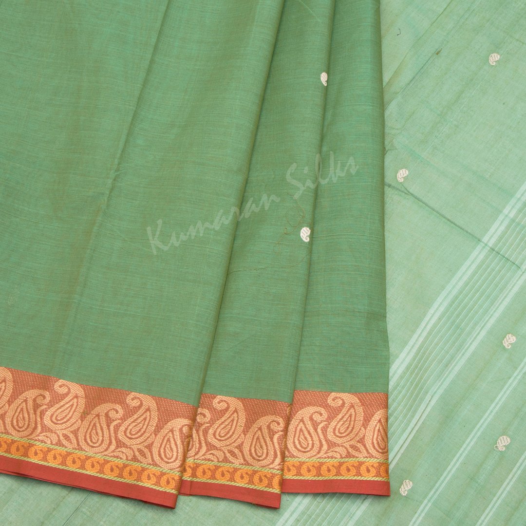 Chettinad Cotton Green Embroidered Saree Without Blouse