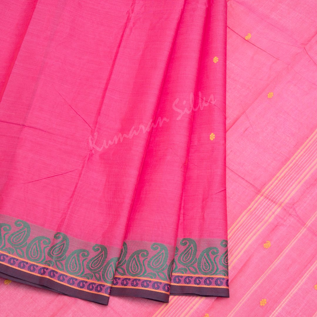 Chettinad Cotton Neon Pink Embroidered Saree Without Blouse
