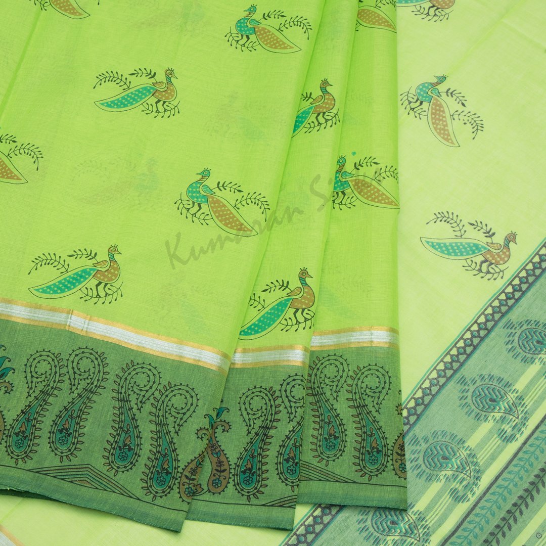 Gadwal Cotton Parrot Green Printed Saree