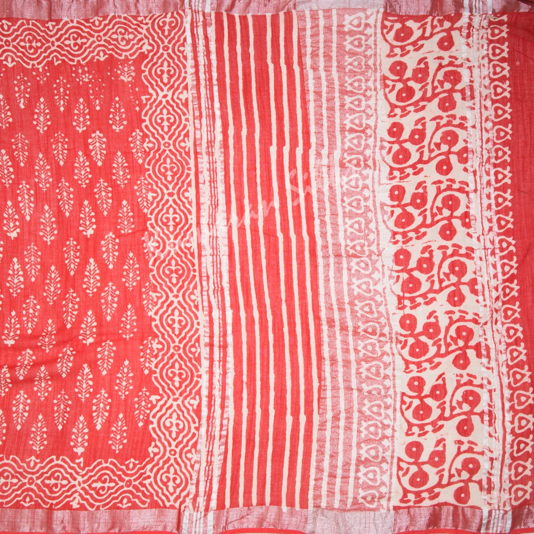 Semi Linen Printed Reddish Orange Saree