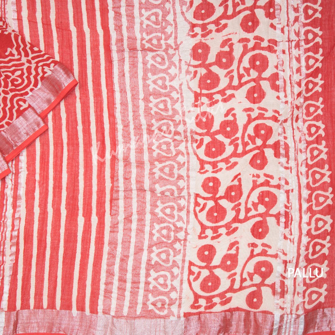 Semi Linen Printed Reddish Orange Saree