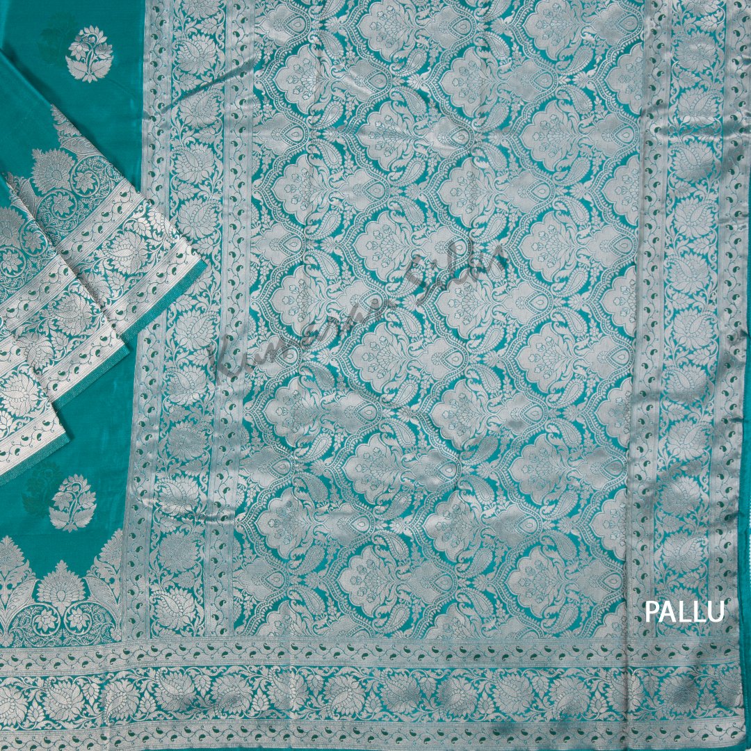 Semi Banaras Teal Blue Embroidered Saree