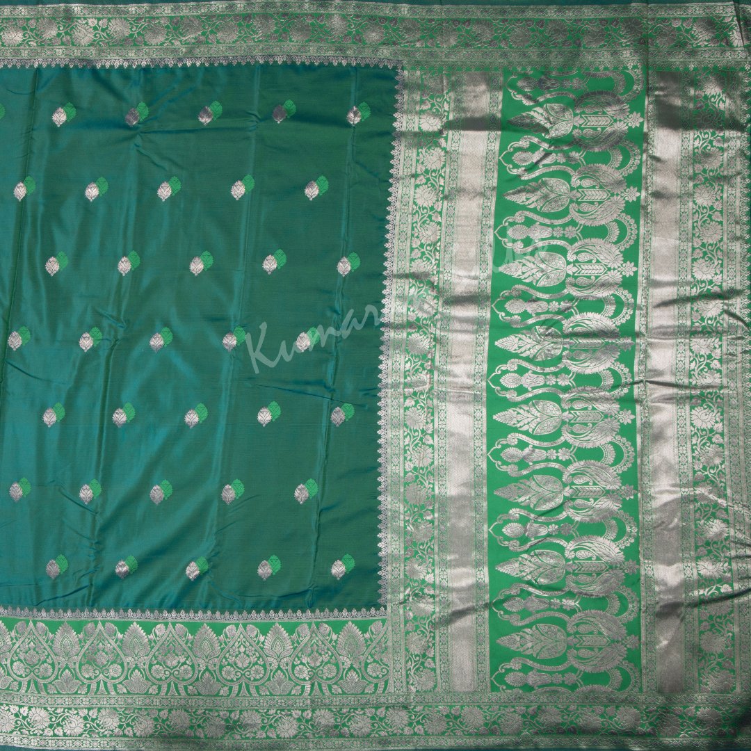 Semi Banaras Peacock Blue Embroidered Saree 02