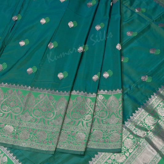 Semi Banaras Peacock Blue Embroidered Saree 02