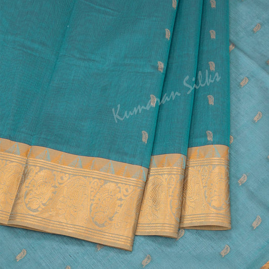 Venkatagiri Handloom Cotton Peacock Green Saree Without Blouse 02