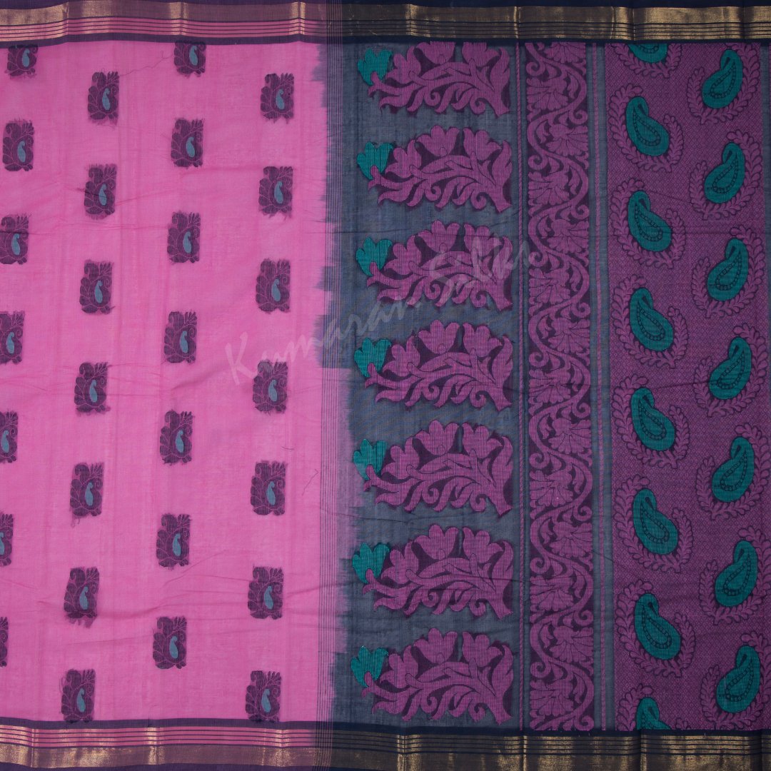 Kanchi Cotton Pink Embossed Saree Mango Buttas On The Body With Contrast Border