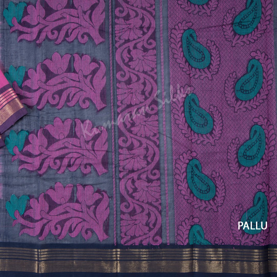 Kanchi Cotton Pink Embossed Saree Mango Buttas On The Body With Contrast Border