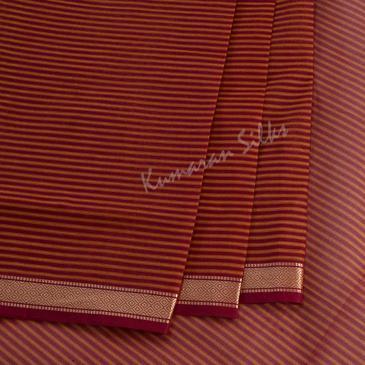 9 Yards Chettinad Cotton Maroon Striped Saree And Simple Thread Border Without Blouse