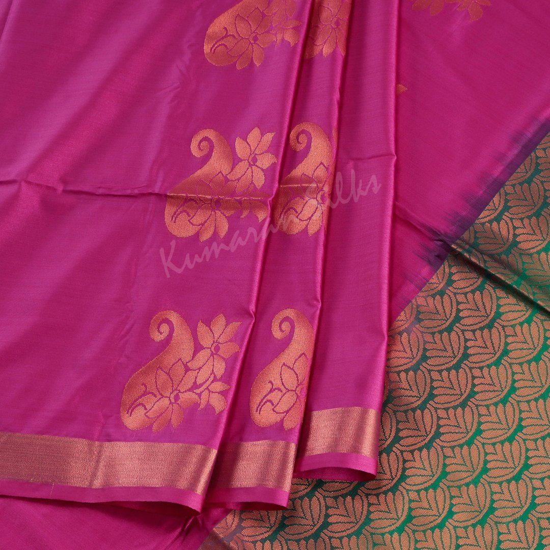 Semi Soft Silk Magenta Pink Saree With Mango Design On The Body And Simple Border