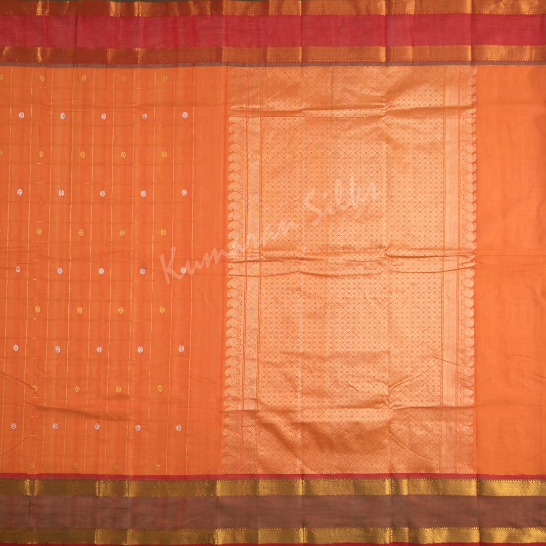 Chettinad Cotton Fanta Orange Checked Saree With Rettapettai Border