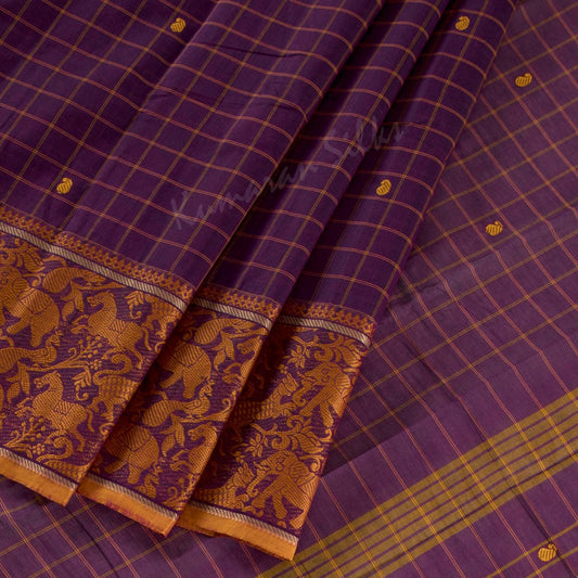 Chettinad Cotton Dark Violet Checked Saree With Peacock And Horse Border