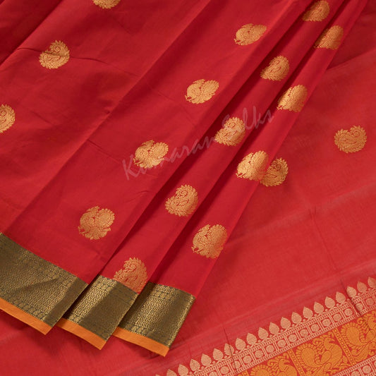 Kanchi Cotton Red Saree With Peacock And Mango Buttas On The Body And Zig Zag Green Border