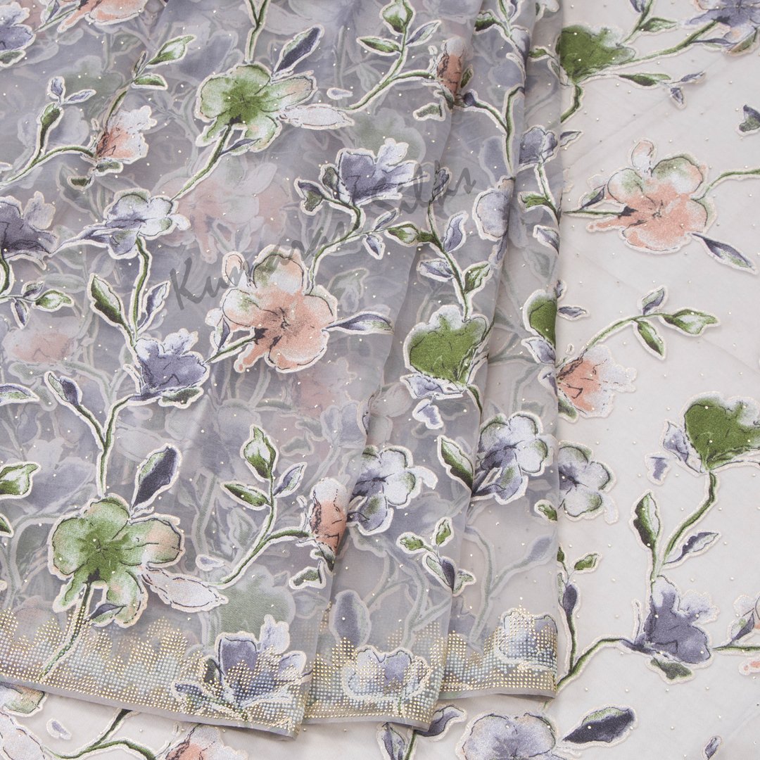 Designer Organza Grey Saree With Floral Work 02