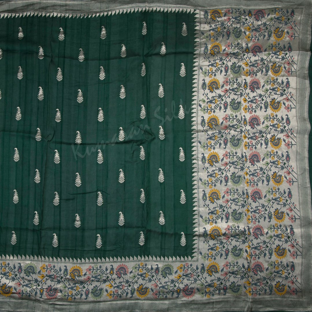 Tussar Dark Green Embroidered Saree With Floral And Zig Zag Designs On The Pallu