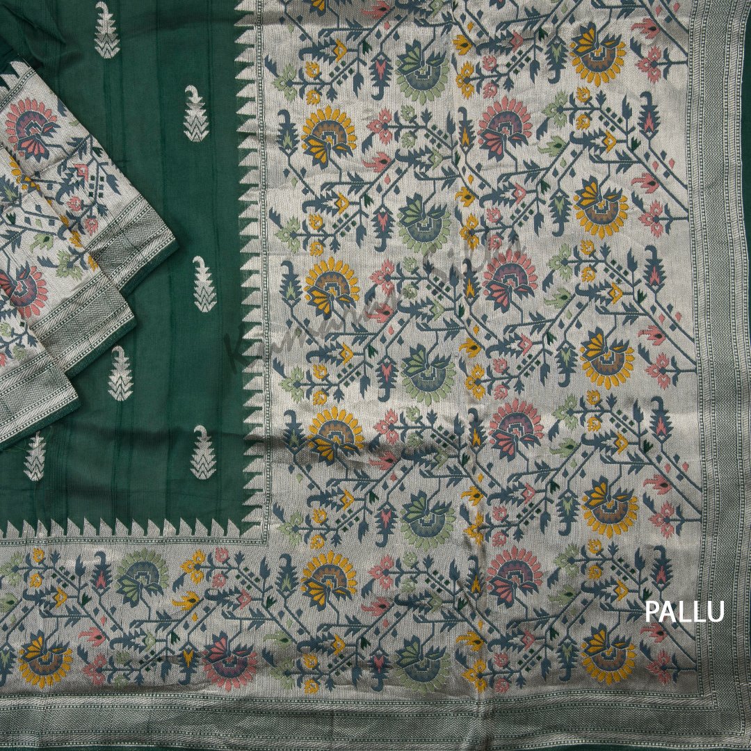 Tussar Dark Green Embroidered Saree With Floral And Zig Zag Designs On The Pallu