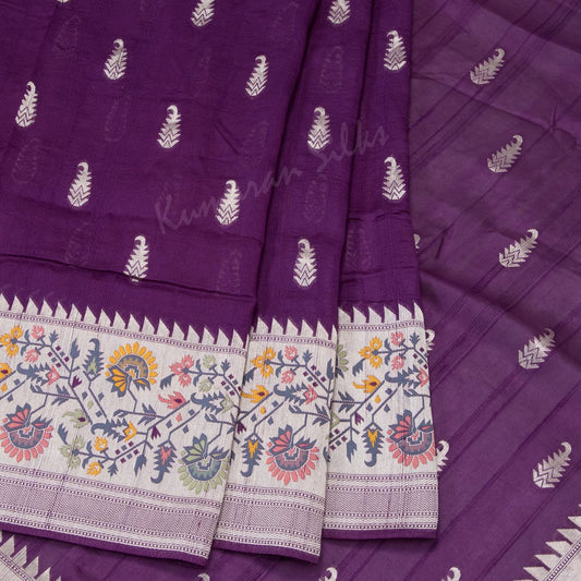 Tussar Purple Embroidered Saree With Floral And Zig Zag Designs On The Pallu