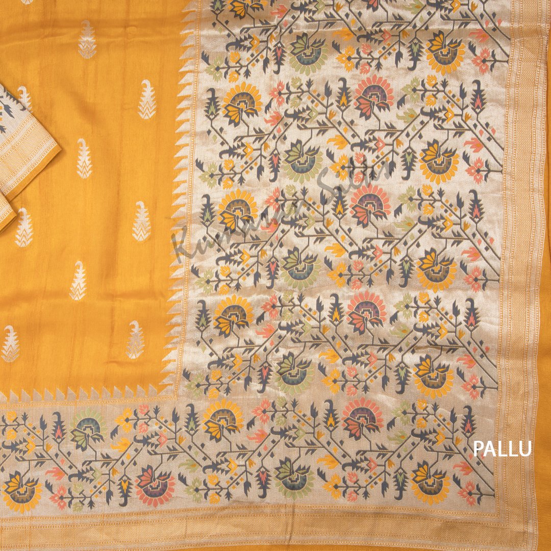 Tussar Mustard Embroidered Saree With Floral And Zig Zag Designs On The Pallu