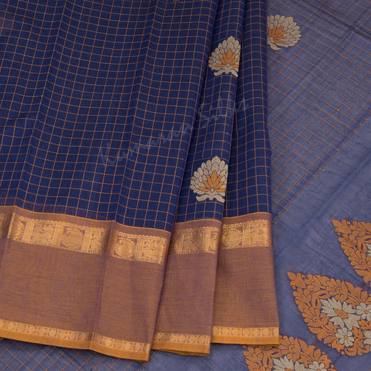 Kanchi Cotton Dark Blue Checked Saree With Contrast Border