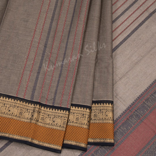 Kanchi Cotton Grey Saree With Vertically Multi Design On The Body And Temple Border