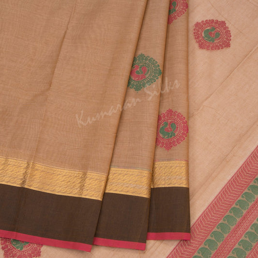 Kanchi Cotton Light Brown Saree With Peacock Buttas And Simple Border