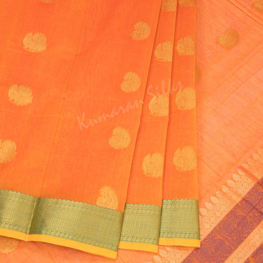 Kanchi Cotton Orange Saree With Mango And Peacock Buttas On The Body With Green Border