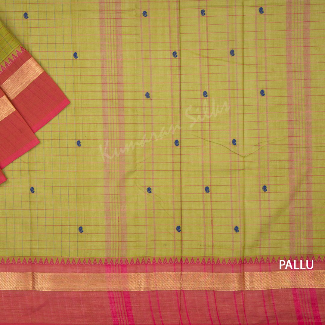 Chettinad Cotton Lime Green Checked Saree With Simple Border