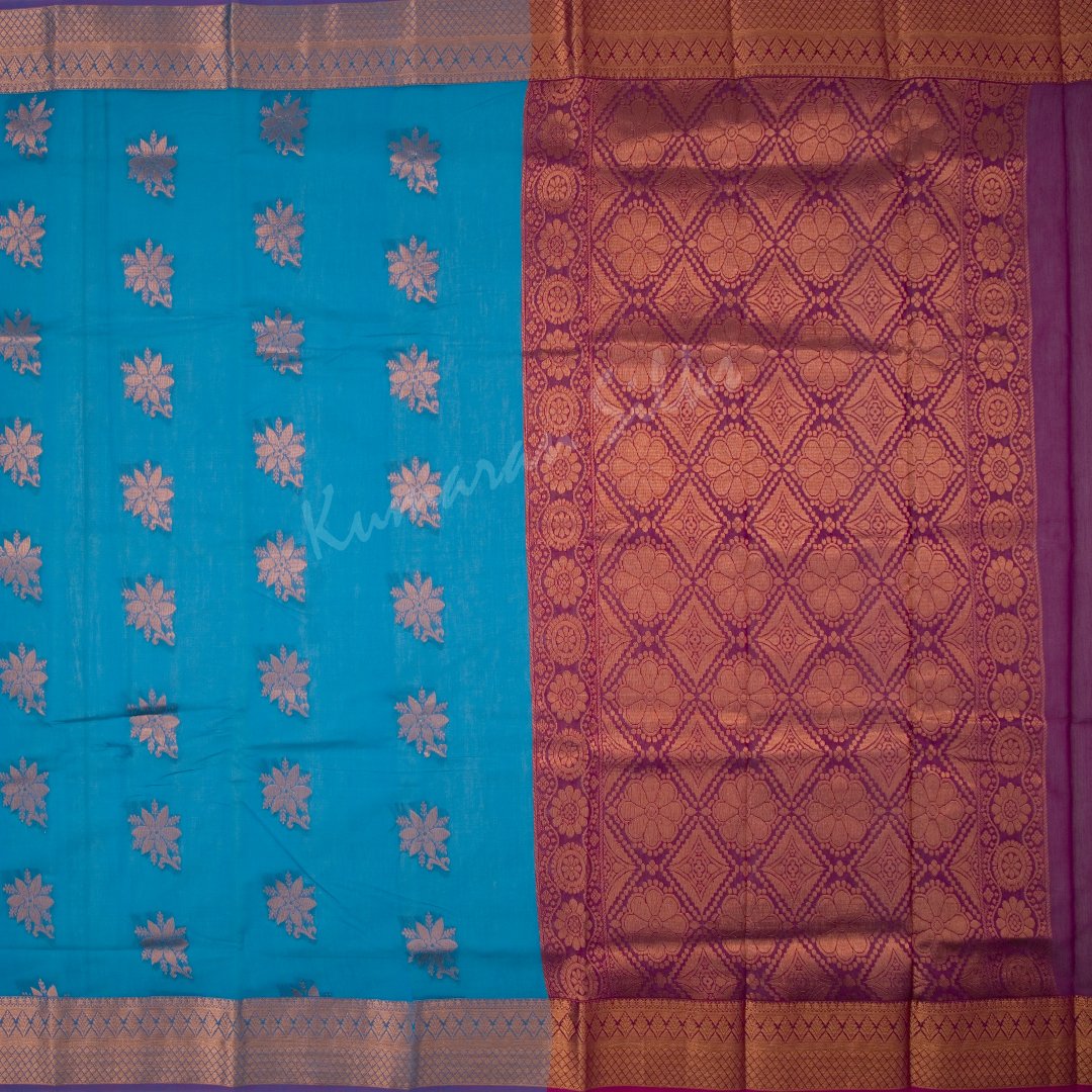 Silk Cotton Peacock Blue Saree With Floral Design On The Body And Zari Border 02