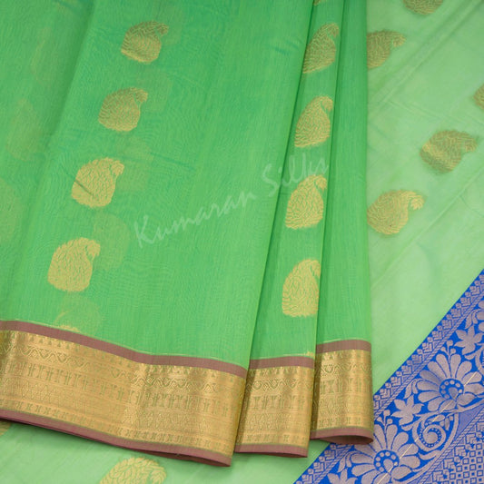 Silk Cotton Light Green Saree With Mango Design On The Body And Zari Border