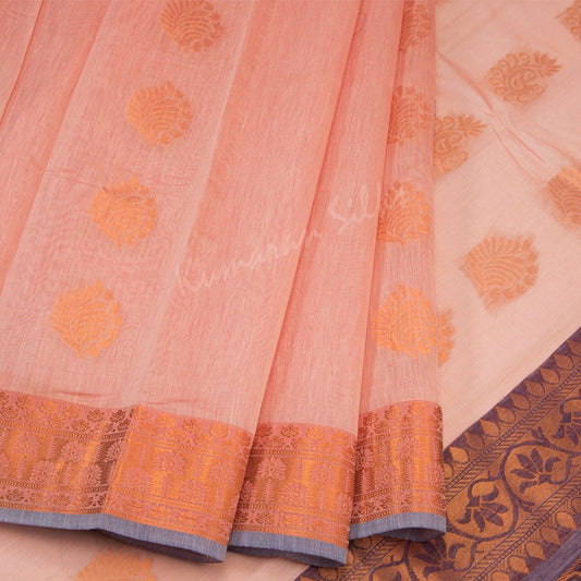 Silk Cotton Peach Saree With Floral Design On The Body And Zari Border