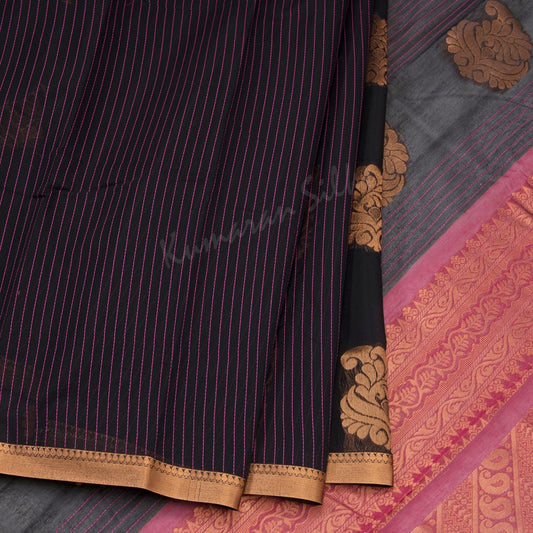 Silk Cotton Black Saree With Vertically Striped Design On The Body And Zari Border