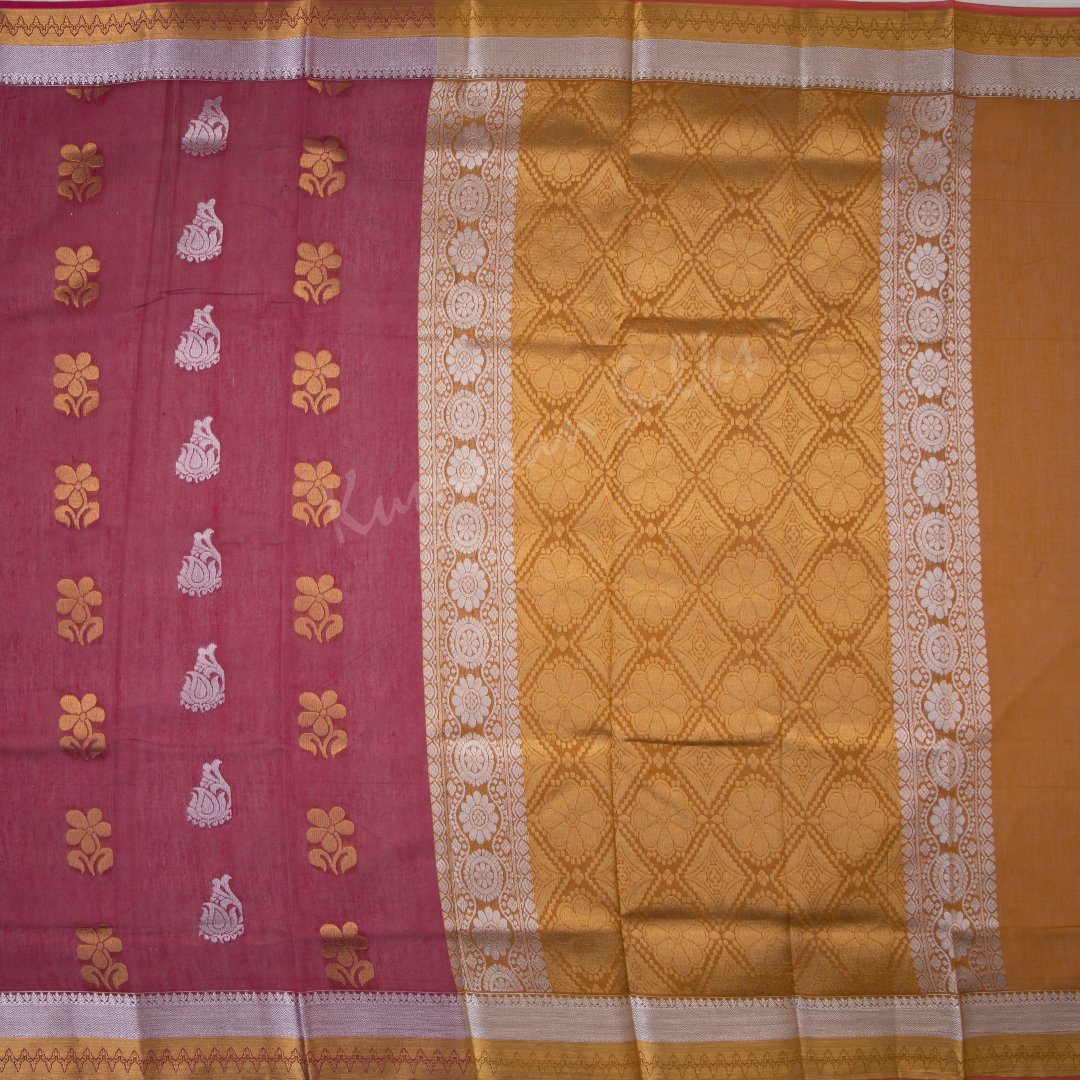 Silk Cotton Dark Pink Saree With Silver And Gold Zari Buttas On The Body And Both Zari Border