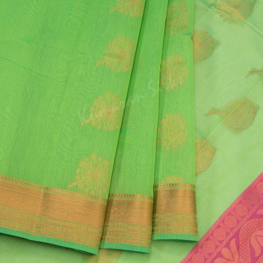 Silk Cotton Light Green Saree With Floral Design On The Body And Zari Border