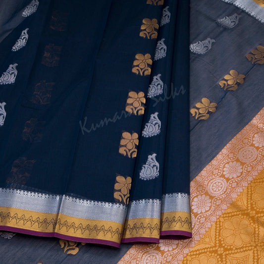 Silk Cotton Navy Blue Saree With Silver And Gold Zari Buttas On The Body And Both Zari Border