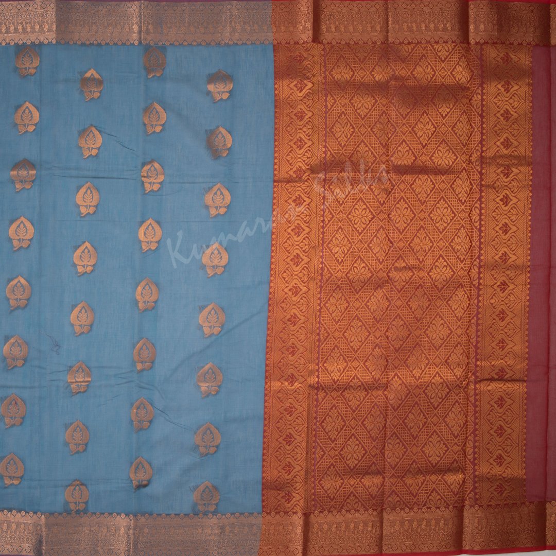 Silk Cotton Greyish Blue Saree With Leaf Design On The Body And Zari Border