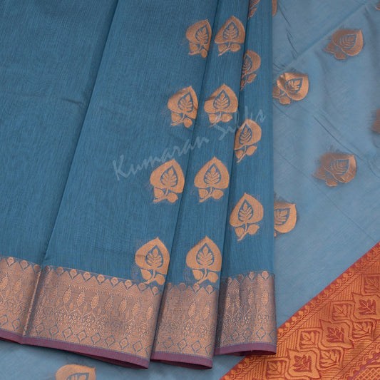 Silk Cotton Greyish Blue Saree With Leaf Design On The Body And Zari Border