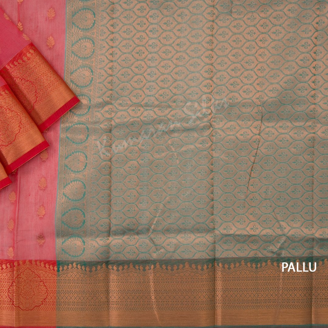 Silk Cotton Rose Pink Saree With Small Buttas On The Body And Red Border