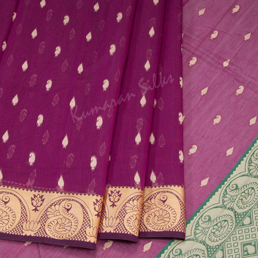 Silk Cotton Purple Saree With Small Buttas On The Body And Mango Border