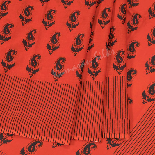 Mul Mul Cotton Reddish Orange Printed Saree 02