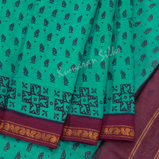 Sungudi Cotton Teal Green Printed Saree Without Blouse 04