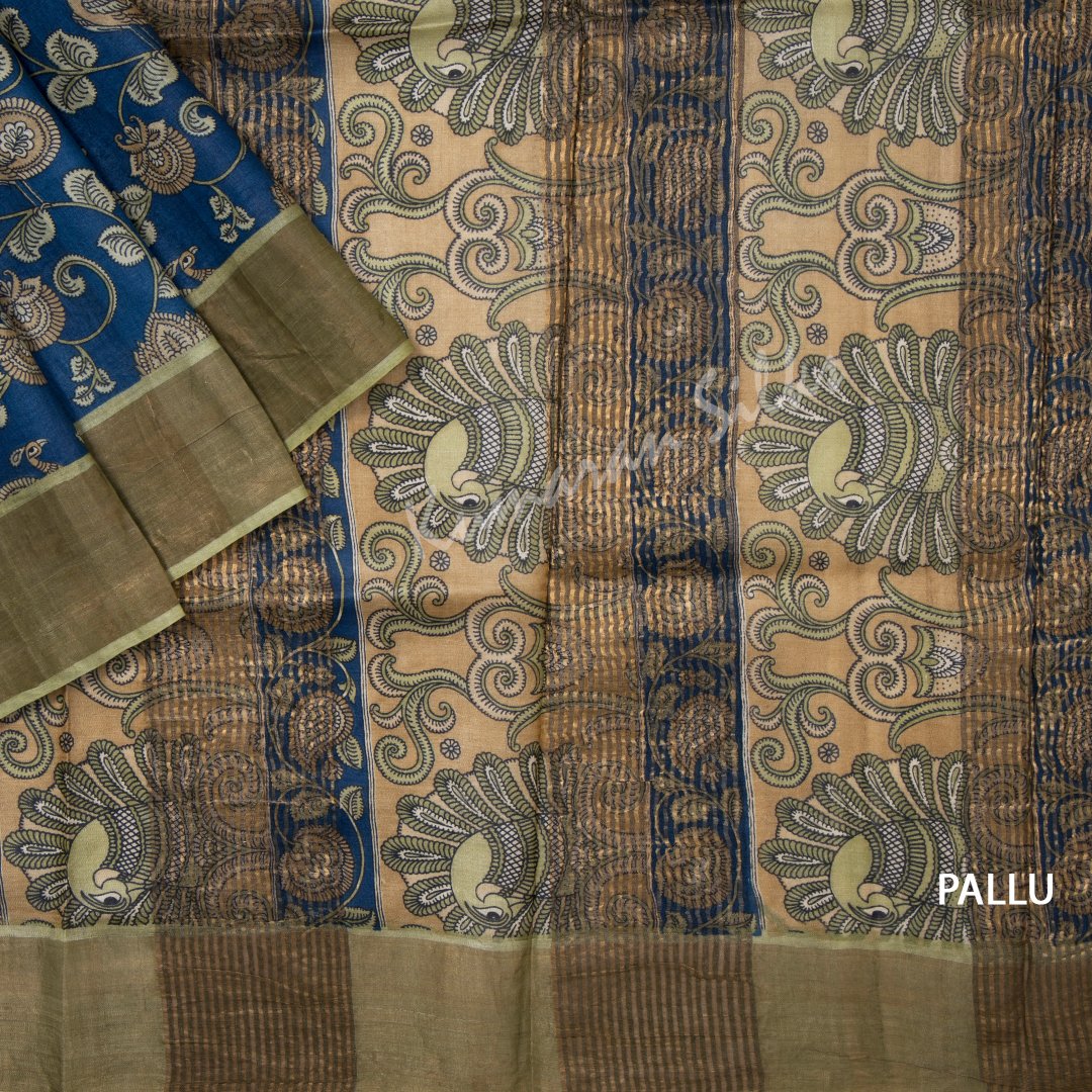 Tussar Blue Printed Saree With Floral Designs Over The Body
