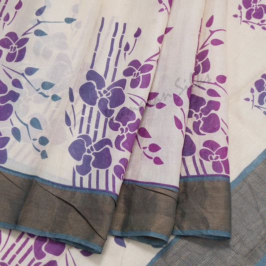 Tussar Cream Printed Saree With Floral Designs Over The Body