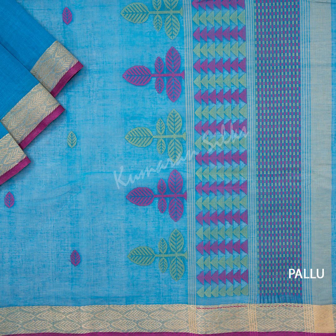 Bengali Cotton Blue Thread Embroidered Saree Without Blouse