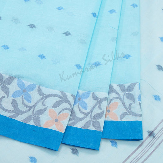 Bengali Cotton Baby Blue Thread Embroidered Saree Without Blouse