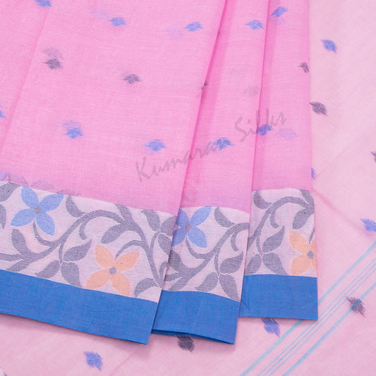 Bengali Cotton Taffy Pink Thread Embroidered Saree Without Blouse