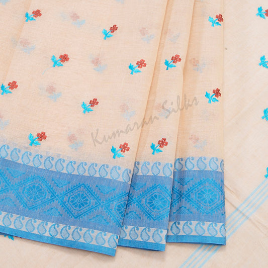 Bengali Cotton Cream Thread Embroidered Saree Without Blouse