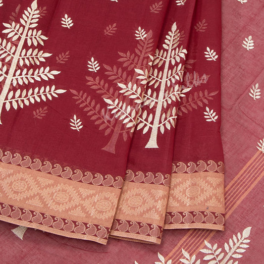 Bengali Cotton Maroon Thread Embroidered Saree Without Blouse