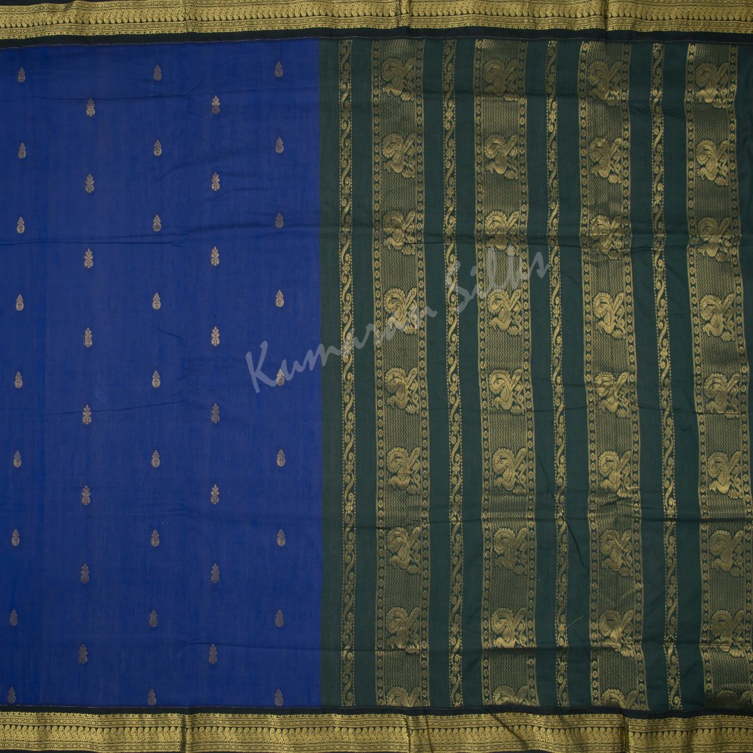 Kalyani Cotton Dark Blue Saree With Small Buttas On The Body And Peacock Motif On The Pallu