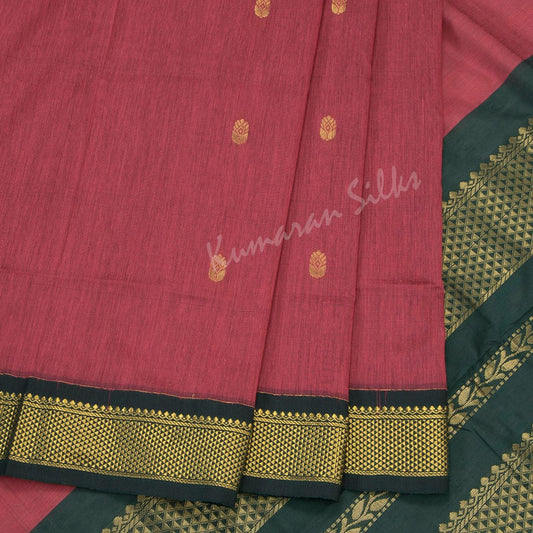 Kalyani Cotton Fiery Rose Pink Saree With Small Buttas On The Body And Leaf Design On The Pallu