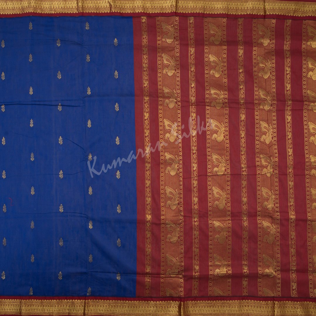 Kalyani Cotton Dark Blue Saree With Small Buttas On The Body And Peacock Motif On The Pallu 02